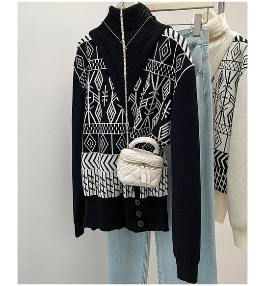 Plus Size Autumn Turtleneck Sweater Tops Women Geometric Print Fashion Irregular Patchwork Ladies Sweaters Loose Woman Sweater