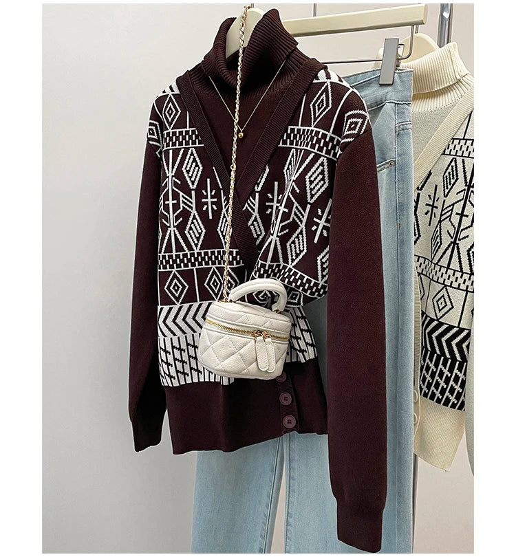 Plus Size Autumn Turtleneck Sweater Tops Women Geometric Print Fashion Irregular Patchwork Ladies Sweaters Loose Woman Sweater