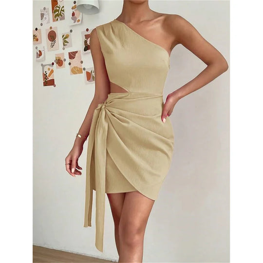 Fashion Hollow Out High Waist Lace-up Dresses Women Solid Color Slant Neck Sleeveless Backless Dress Female Office Commuter Gown