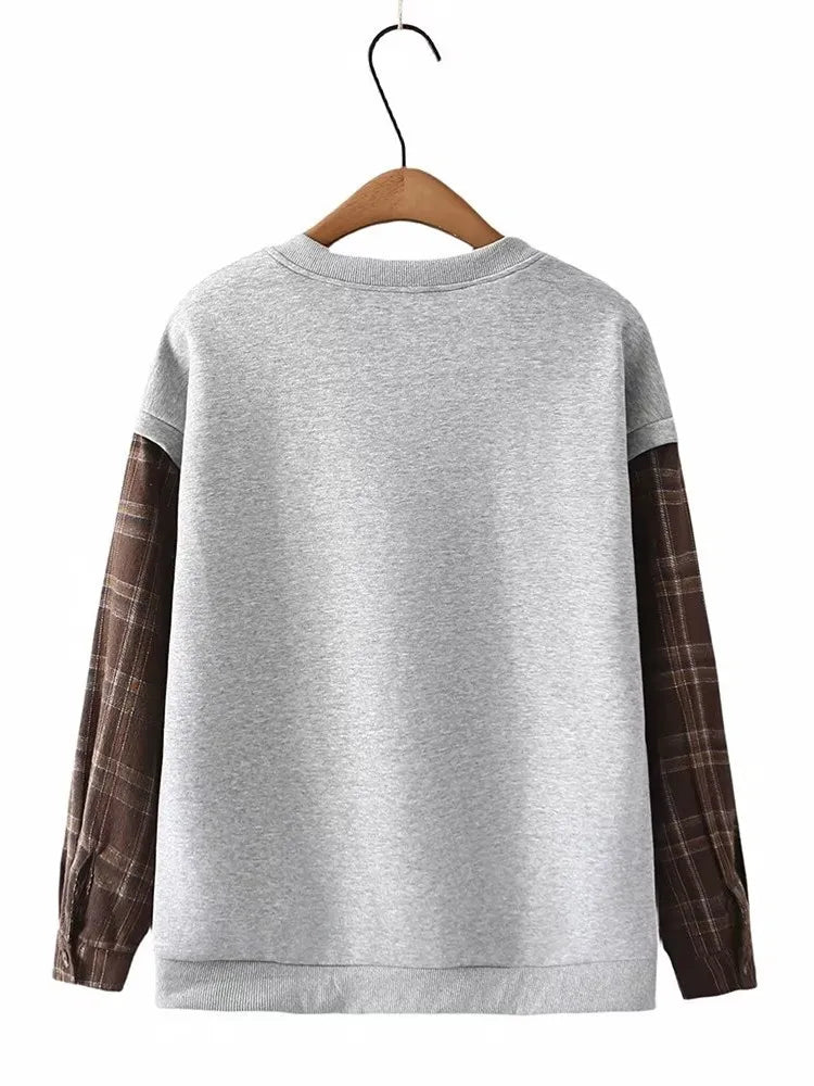 Plus Size Women's Clothing Spring And Autumn T-Shirts Crew Neck Long Sleeve Pullover Plaid Shirt Cloth Patchwork On Sleeves Tops