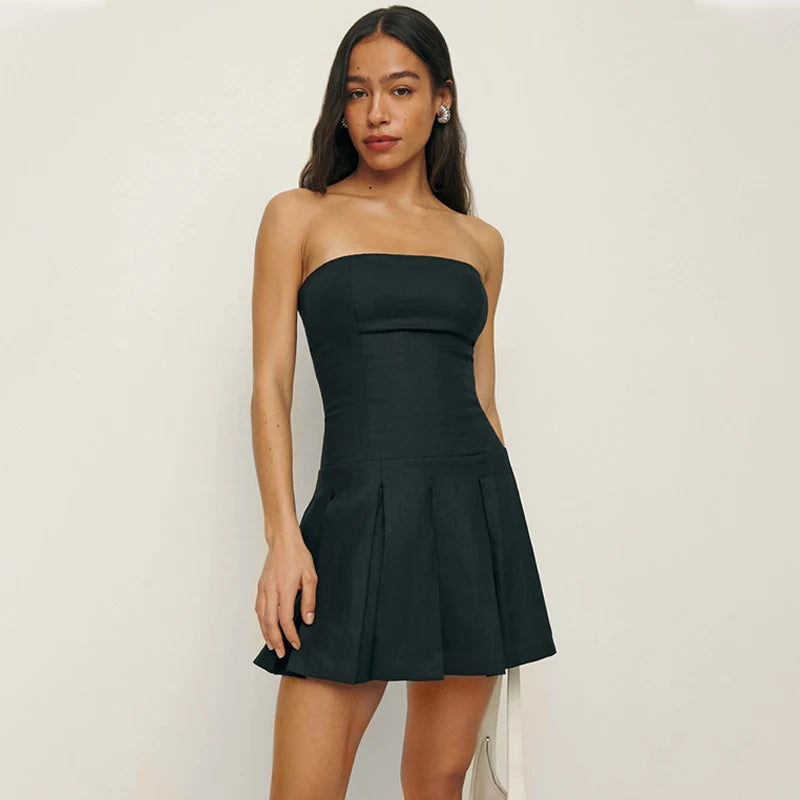 Reform* 2024ss Women Summer Casual Dress Simple Fashion Pleated Skirt Women Short Cut Backless Bustier Sexy Dress Streetwear