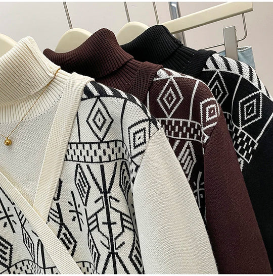 Plus Size Autumn Turtleneck Sweater Tops Women Geometric Print Fashion Irregular Patchwork Ladies Sweaters Loose Woman Sweater