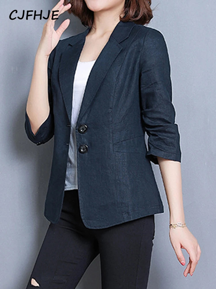 CJFHJE Notched Collar White Blazer Women Black Linen Suit Jacket Slim Thin Summer Pockets Two Buttons Green Office Lady Blazers