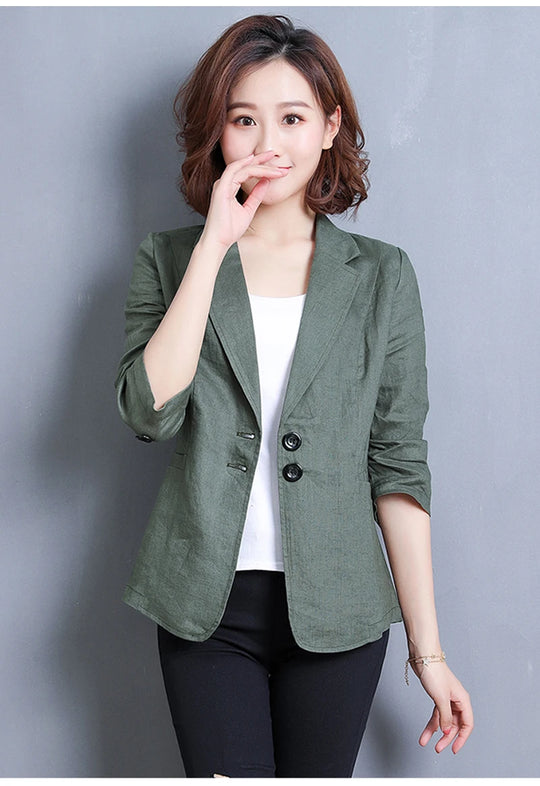 CJFHJE Notched Collar White Blazer Women Black Linen Suit Jacket Slim Thin Summer Pockets Two Buttons Green Office Lady Blazers