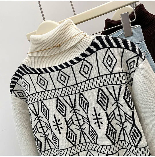 Plus Size Autumn Turtleneck Sweater Tops Women Geometric Print Fashion Irregular Patchwork Ladies Sweaters Loose Woman Sweater