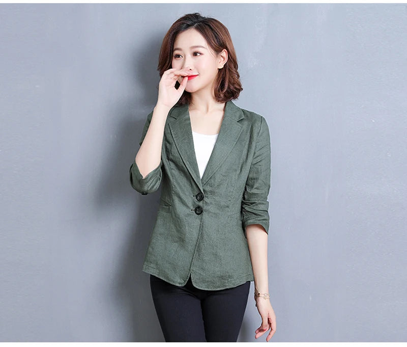 CJFHJE Notched Collar White Blazer Women Black Linen Suit Jacket Slim Thin Summer Pockets Two Buttons Green Office Lady Blazers