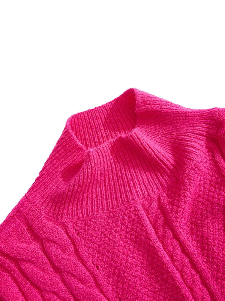 ONELINK Solid Hot Pink Turtleneck Plus Size Women 2022 Autumn Winter Pullover Sweater Cable Pattern Knit Oversize Clothing Tops