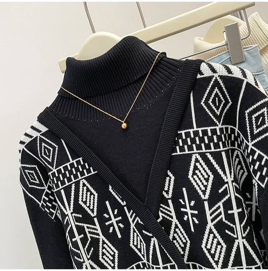 Plus Size Autumn Turtleneck Sweater Tops Women Geometric Print Fashion Irregular Patchwork Ladies Sweaters Loose Woman Sweater