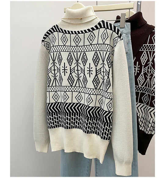 Plus Size Autumn Turtleneck Sweater Tops Women Geometric Print Fashion Irregular Patchwork Ladies Sweaters Loose Woman Sweater