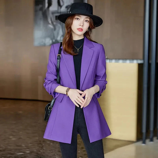 Autumn Winter Ladies Mid Long Blazer Women Single Button Black Purple Female Casual Jacket Coat Office Blazer Female Outerwear