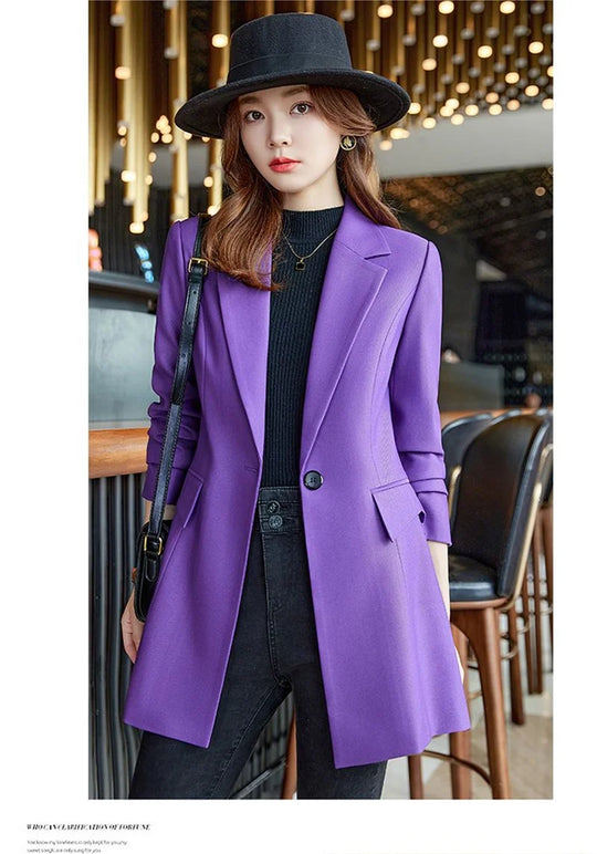 Autumn Winter Ladies Mid Long Blazer Women Single Button Black Purple Female Casual Jacket Coat Office Blazer Female Outerwear