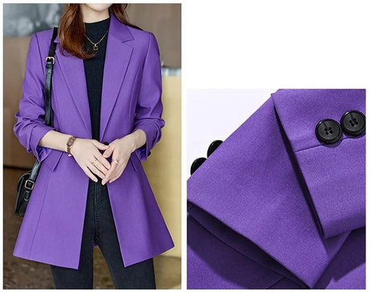 Autumn Winter Ladies Mid Long Blazer Women Single Button Black Purple Female Casual Jacket Coat Office Blazer Female Outerwear