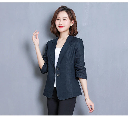 CJFHJE Notched Collar White Blazer Women Black Linen Suit Jacket Slim Thin Summer Pockets Two Buttons Green Office Lady Blazers