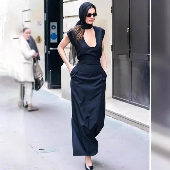 THE R0W 2024ss Women's Fall Black Leisure Long Dresses Vintage U Neck, Sexy Dresses Street Women's Y2k Skirt, Train Dresses