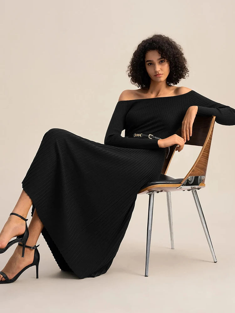 Mozision Off-shoulder Long Sleeve Knit Maxi Dress For Women Waistband  High Waist Strapless Backless Slim Fit Knitted Long Dress