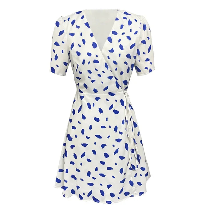 Reform@tion Women's Dresses French Style White Background Blue Spotted V-Neck Tie One Piece Wrap Women's Tea Break Dresses