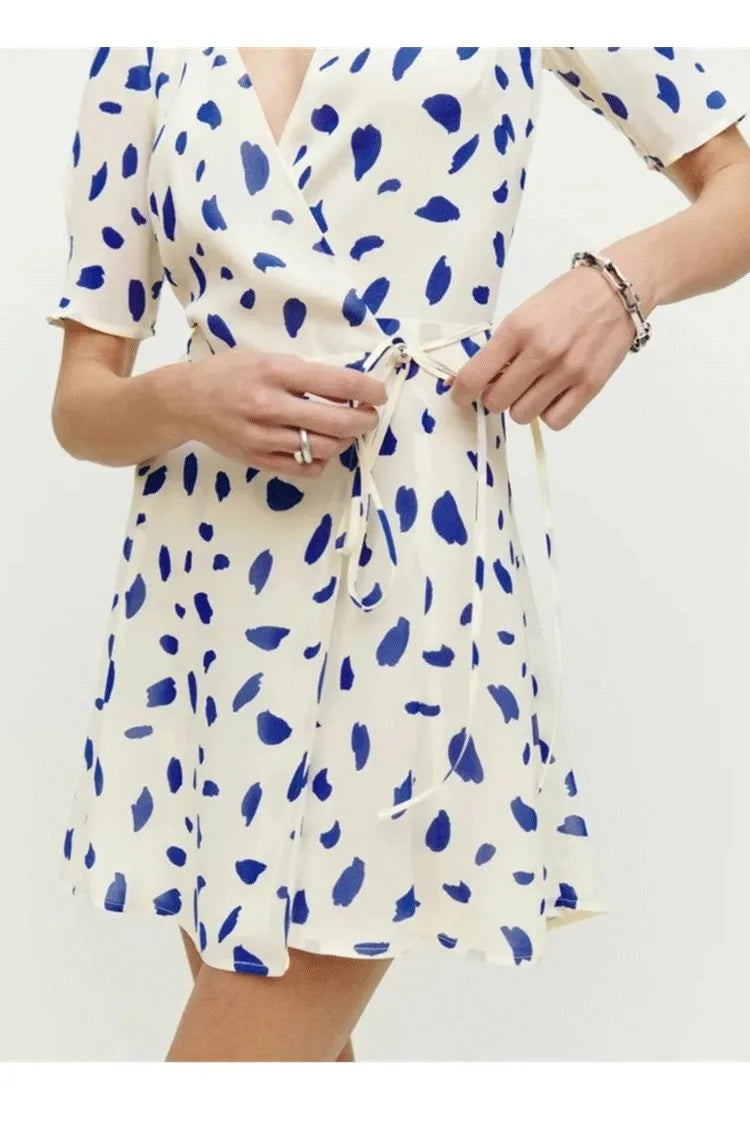 Reform@tion Women's Dresses French Style White Background Blue Spotted V-Neck Tie One Piece Wrap Women's Tea Break Dresses