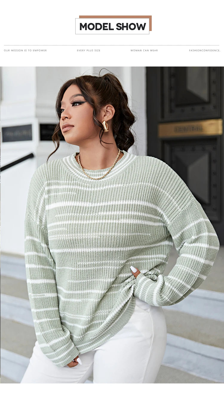 ONELINK Women's Sweater Autumn Plus Size Browish Clothing Knitting Yarn Striped Pattern Pullover O Neck Long Sleeve Female Tops