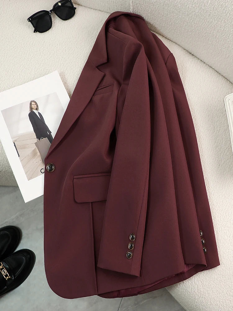 Autumn Winter Women Ladies Blazer Beige Black Red Female Long Sleeve Solid Loose Formal Jacket Coat