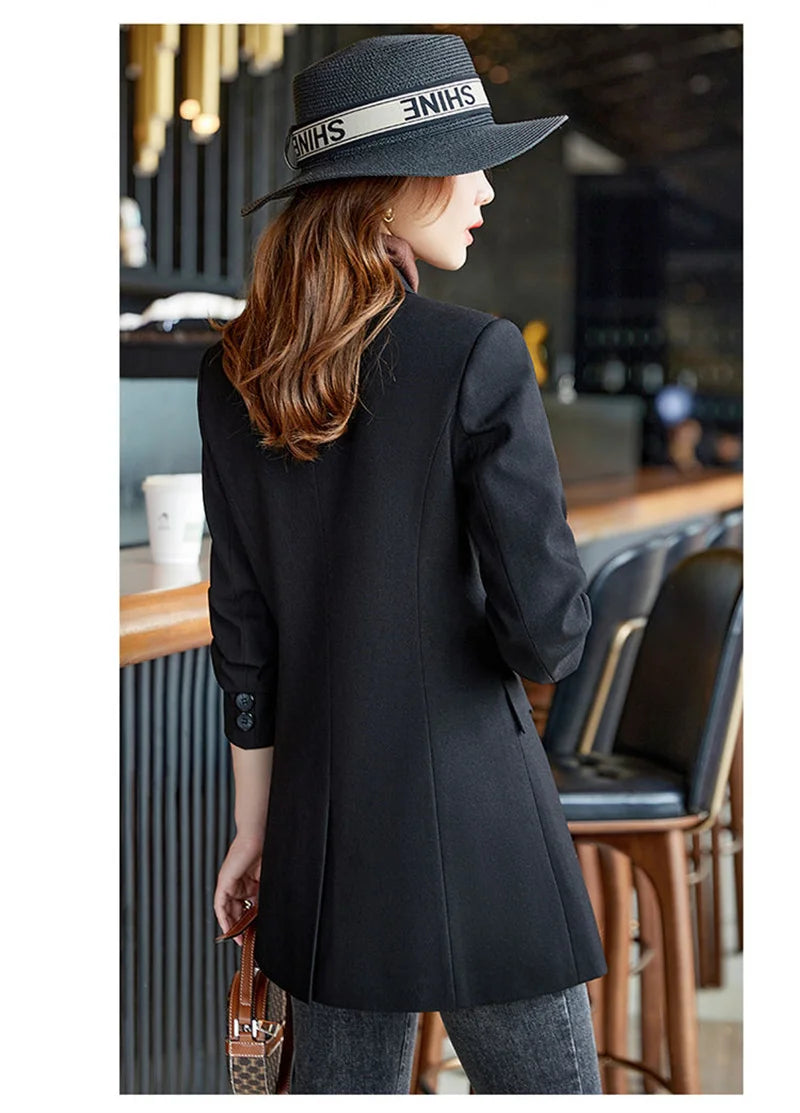 Autumn Winter Ladies Mid Long Blazer Women Single Button Black Purple Female Casual Jacket Coat Office Blazer Female Outerwear