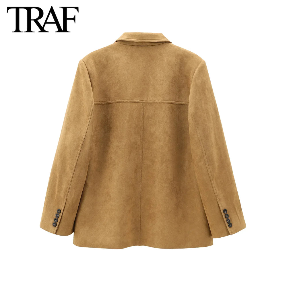 TRAF Women Fashion Autumn Winter New Suede Textured Suit Jacket Chic Female Long Sleeve Single Breasted Casual  Blazers Coat