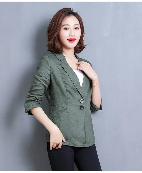 CJFHJE Notched Collar White Blazer Women Black Linen Suit Jacket Slim Thin Summer Pockets Two Buttons Green Office Lady Blazers