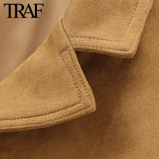 TRAF Women Fashion Autumn Winter New Suede Textured Suit Jacket Chic Female Long Sleeve Single Breasted Casual  Blazers Coat