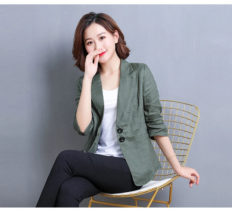 CJFHJE Notched Collar White Blazer Women Black Linen Suit Jacket Slim Thin Summer Pockets Two Buttons Green Office Lady Blazers