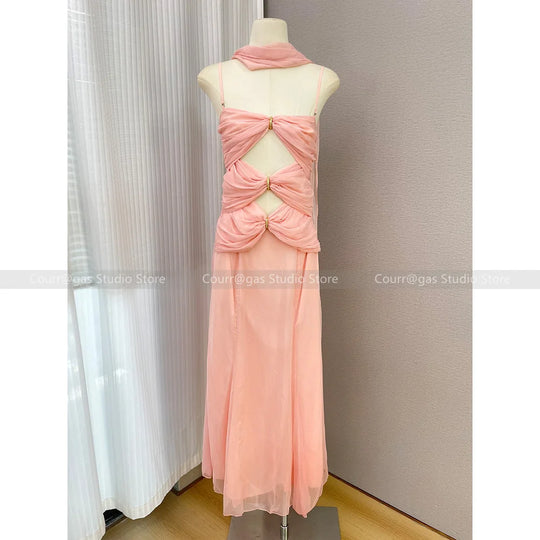 Pink Fairy Fluttering Fairy Dress Sexy Backless Neck Flutter Bandeau Dress Sexy Cross Twisted