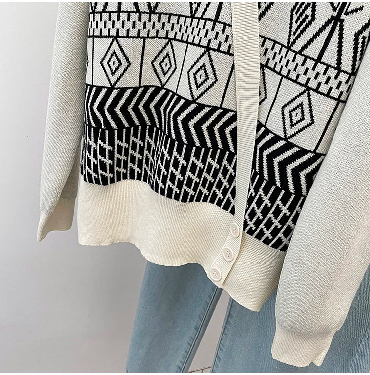 Plus Size Autumn Turtleneck Sweater Tops Women Geometric Print Fashion Irregular Patchwork Ladies Sweaters Loose Woman Sweater