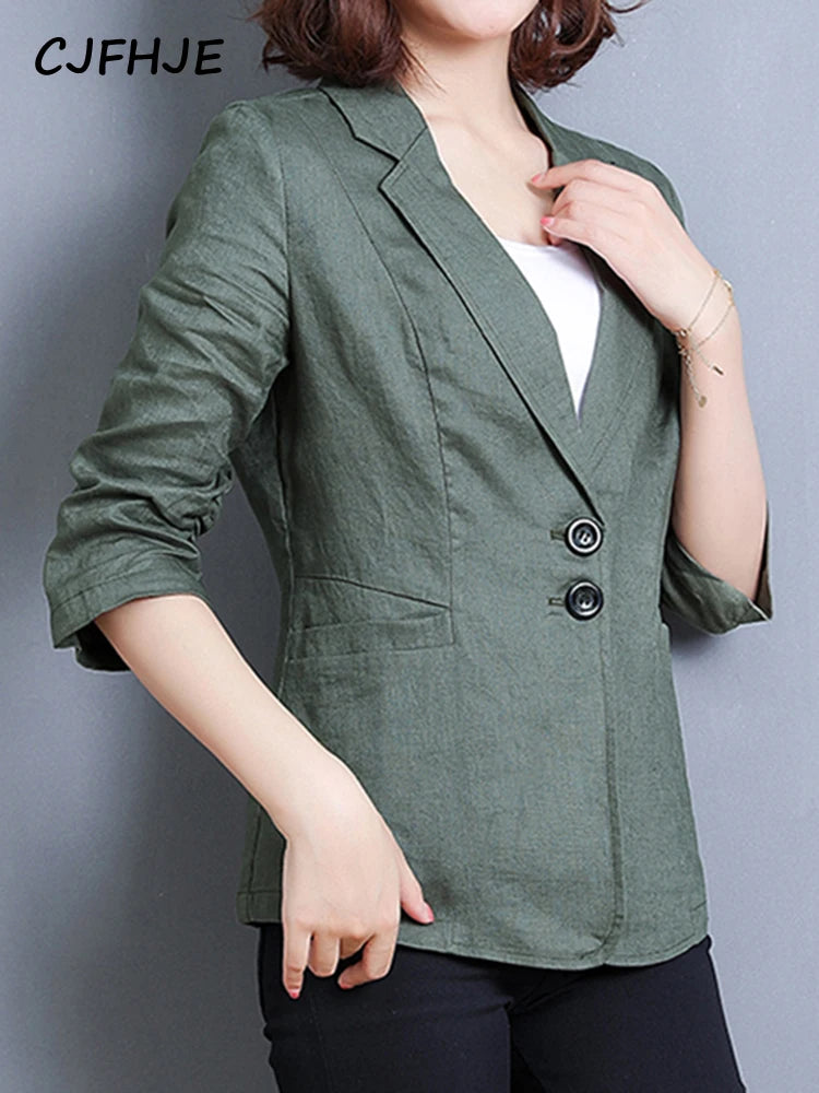 CJFHJE Notched Collar White Blazer Women Black Linen Suit Jacket Slim Thin Summer Pockets Two Buttons Green Office Lady Blazers