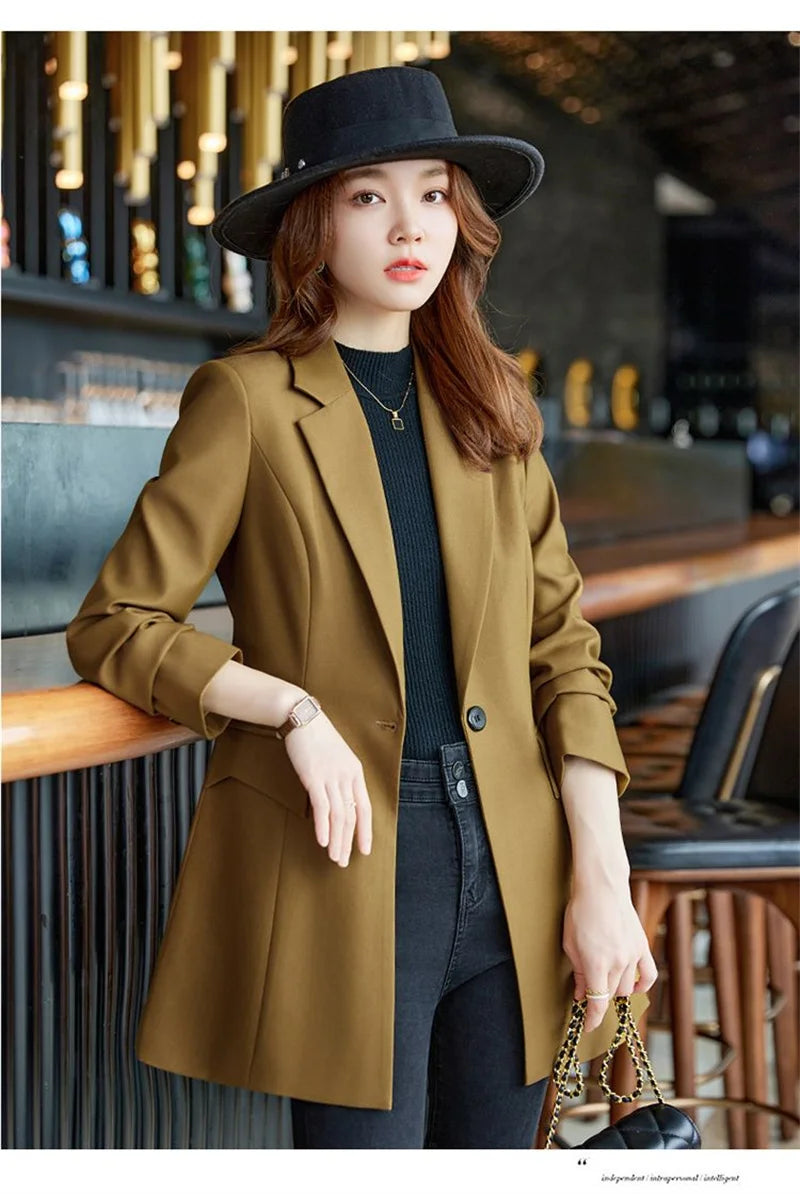 Autumn Winter Ladies Mid Long Blazer Women Single Button Black Purple Female Casual Jacket Coat Office Blazer Female Outerwear