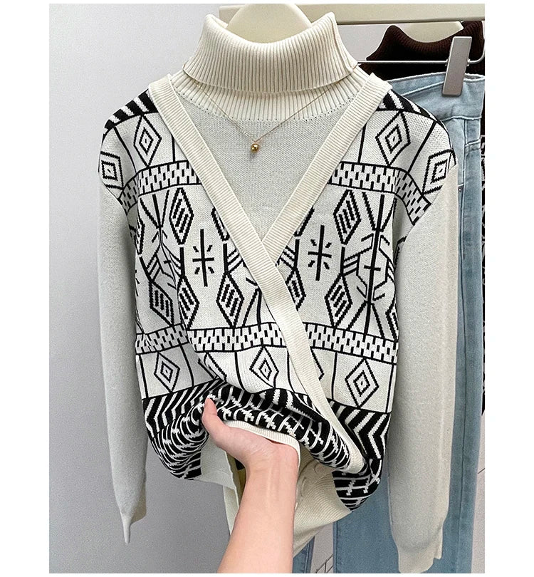 Plus Size Autumn Turtleneck Sweater Tops Women Geometric Print Fashion Irregular Patchwork Ladies Sweaters Loose Woman Sweater