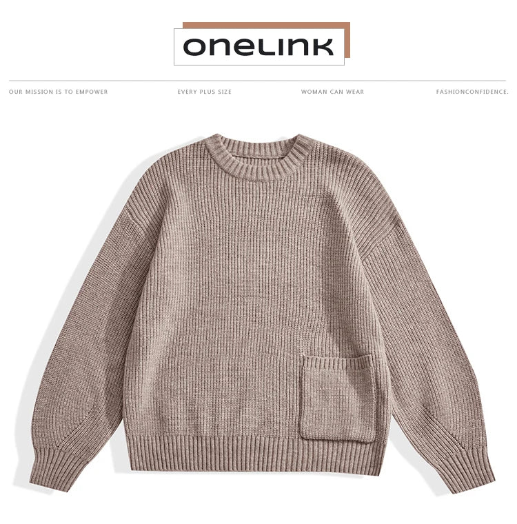 ONELINK Plus Size Women Autumn Winter Pullover Sweater Khaki Round O Neck Standard Length Oversize Tops Pocket Knitwear Clothing