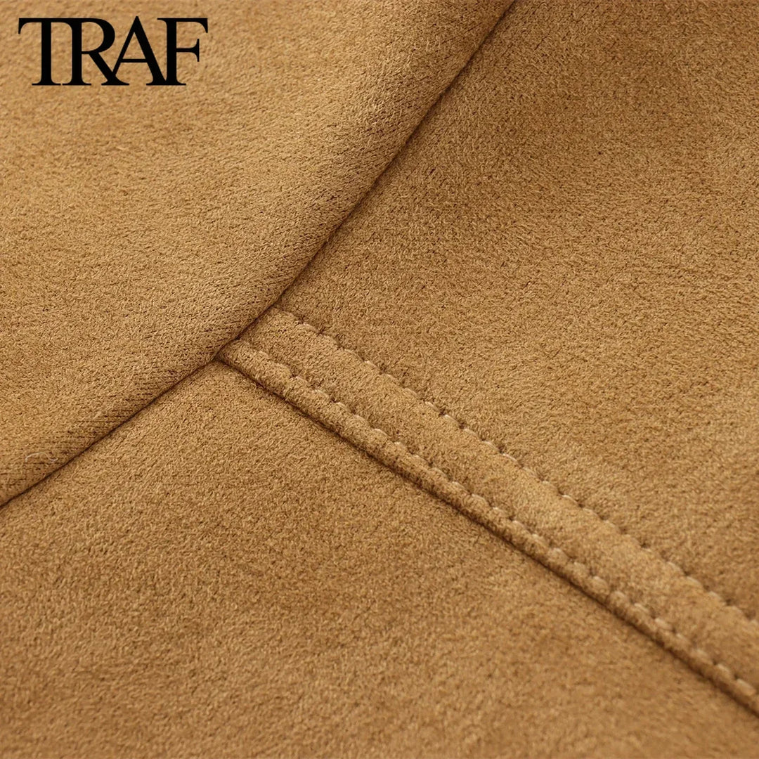 TRAF Women Fashion Autumn Winter New Suede Textured Suit Jacket Chic Female Long Sleeve Single Breasted Casual  Blazers Coat