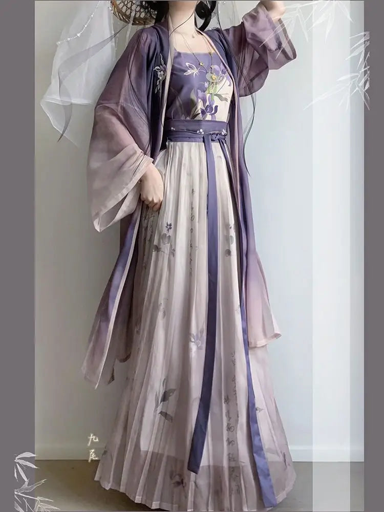 Chinese Hanfu Dress Women Party Outfit Chinese Song dynasty Ancient Printed Modern Reformed Hanfu Summer Chiffon 3pcs Sets