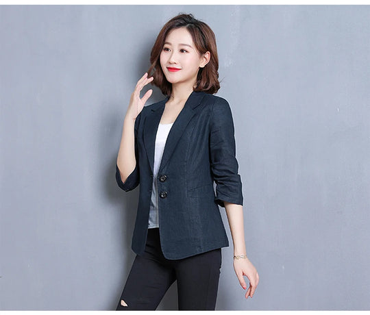 CJFHJE Notched Collar White Blazer Women Black Linen Suit Jacket Slim Thin Summer Pockets Two Buttons Green Office Lady Blazers