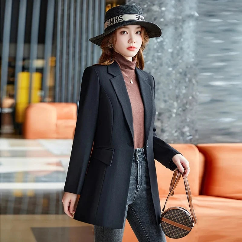 Autumn Winter Ladies Mid Long Blazer Women Single Button Black Purple Female Casual Jacket Coat Office Blazer Female Outerwear