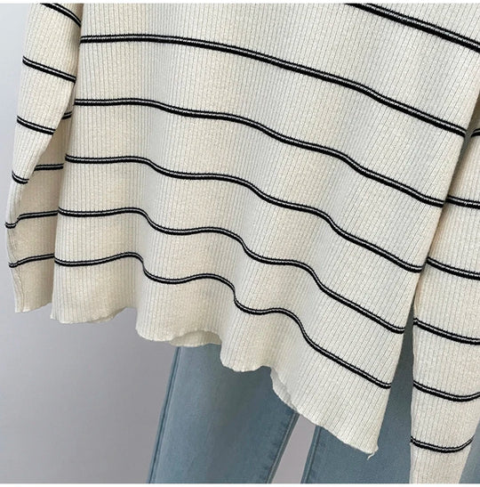 Plus Size Women 2024 Autumn Collection New Contrasting Striped Knit Sweater Fat Girl Fashion Design Sense Sweater Base Shirt Top