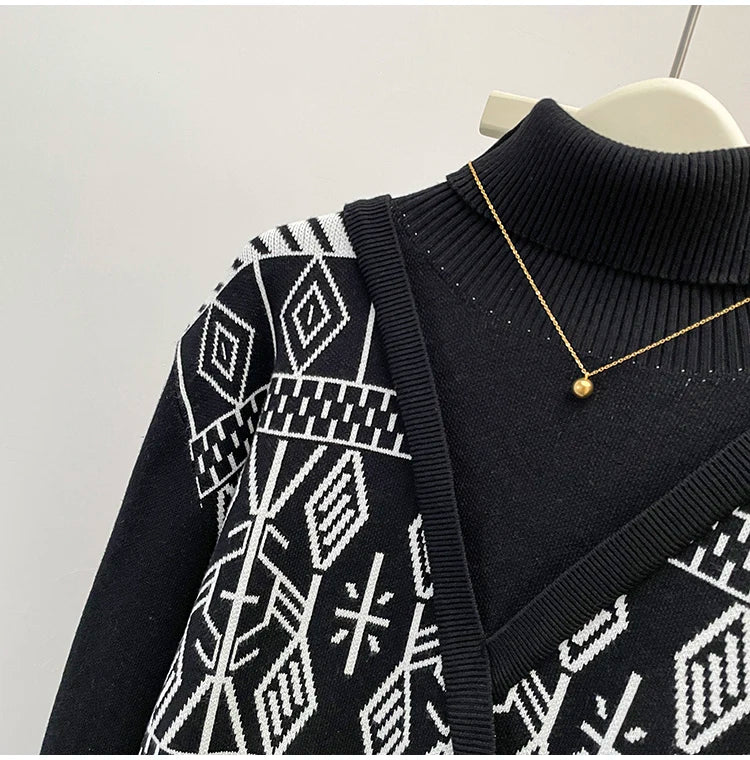 Plus Size Autumn Turtleneck Sweater Tops Women Geometric Print Fashion Irregular Patchwork Ladies Sweaters Loose Woman Sweater