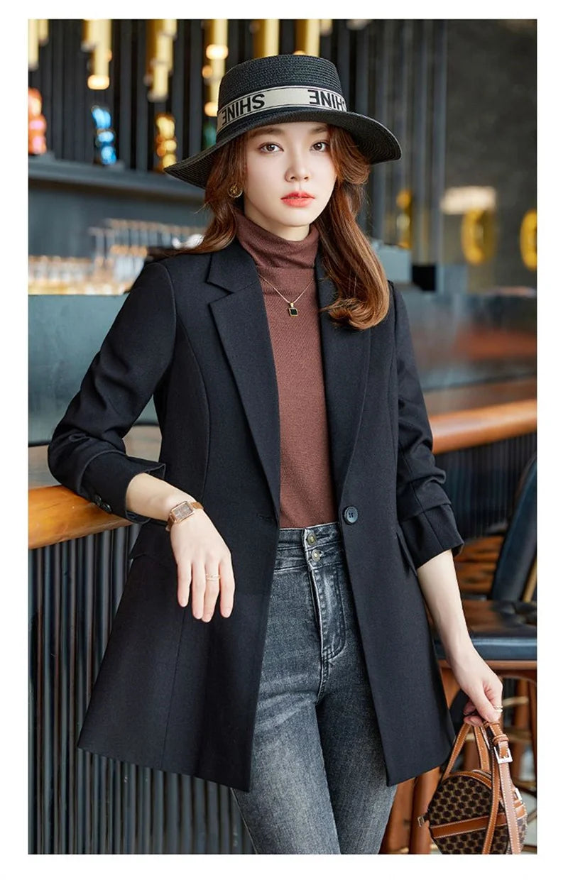 Autumn Winter Ladies Mid Long Blazer Women Single Button Black Purple Female Casual Jacket Coat Office Blazer Female Outerwear