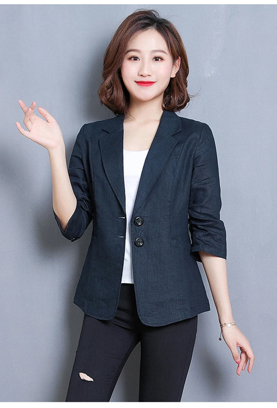 CJFHJE Notched Collar White Blazer Women Black Linen Suit Jacket Slim Thin Summer Pockets Two Buttons Green Office Lady Blazers