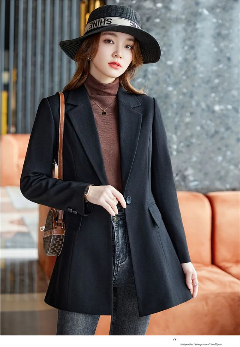 Autumn Winter Ladies Mid Long Blazer Women Single Button Black Purple Female Casual Jacket Coat Office Blazer Female Outerwear