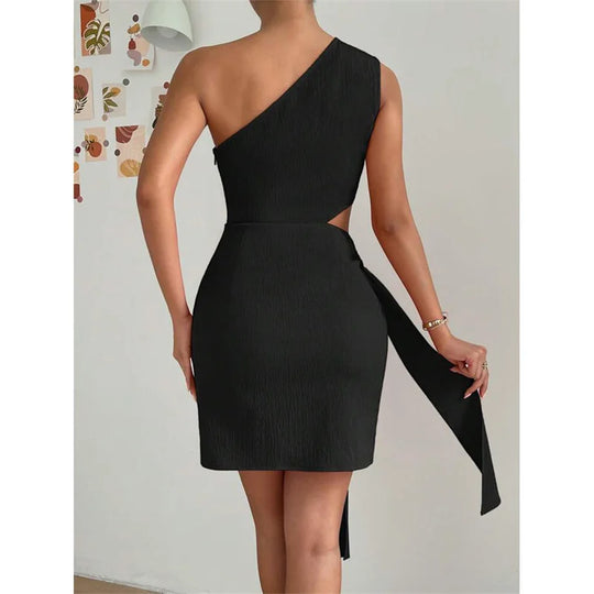 Fashion Hollow Out High Waist Lace-up Dresses Women Solid Color Slant Neck Sleeveless Backless Dress Female Office Commuter Gown