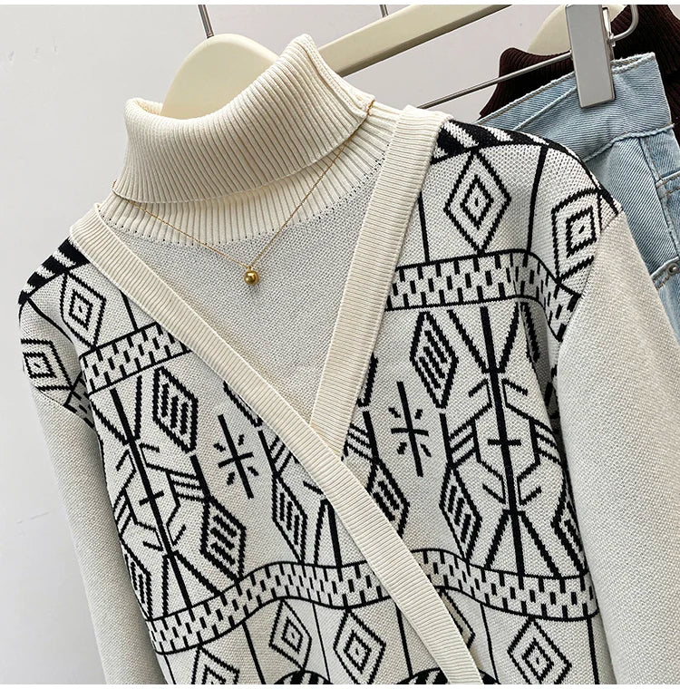 Plus Size Autumn Turtleneck Sweater Tops Women Geometric Print Fashion Irregular Patchwork Ladies Sweaters Loose Woman Sweater