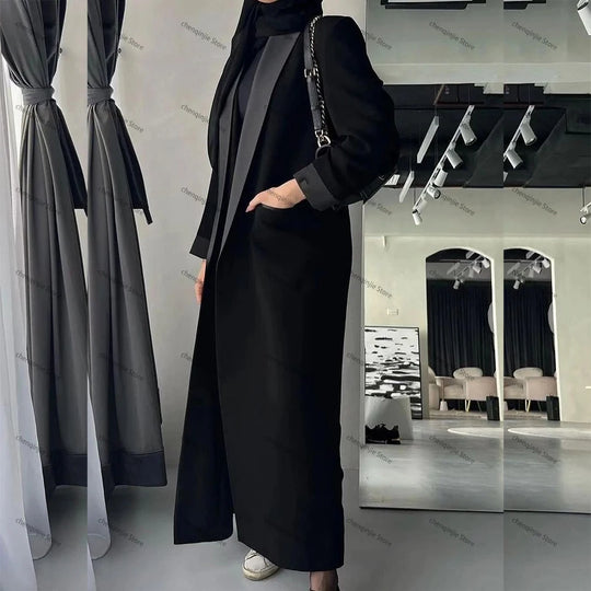 Black Women's Blazer 2024 Female Jacket 1 Piece Long Coat Single Breasted Shawl Lapel Luxury Muslim Abayas Office Lady Clothing