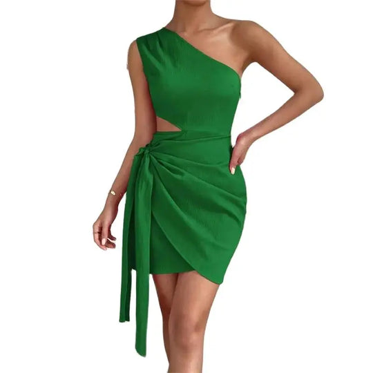 Fashion Hollow Out High Waist Lace-up Dresses Women Solid Color Slant Neck Sleeveless Backless Dress Female Office Commuter Gown