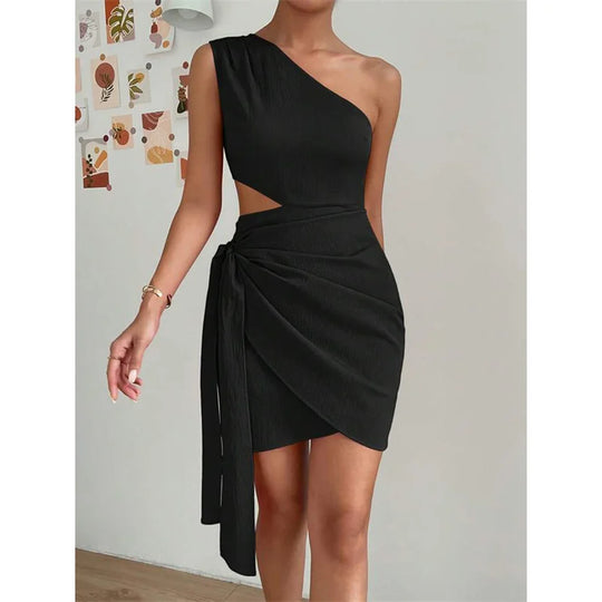 Fashion Hollow Out High Waist Lace-up Dresses Women Solid Color Slant Neck Sleeveless Backless Dress Female Office Commuter Gown