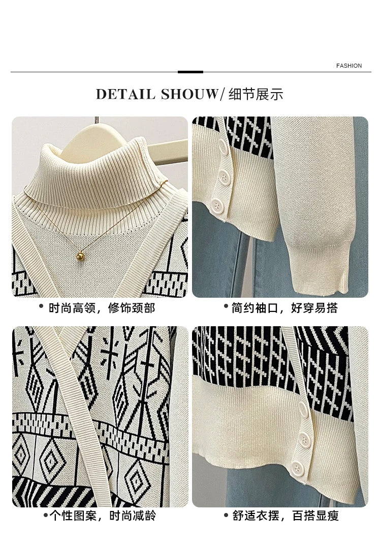 Plus Size Autumn Turtleneck Sweater Tops Women Geometric Print Fashion Irregular Patchwork Ladies Sweaters Loose Woman Sweater