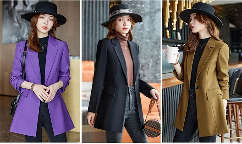 Autumn Winter Ladies Mid Long Blazer Women Single Button Black Purple Female Casual Jacket Coat Office Blazer Female Outerwear